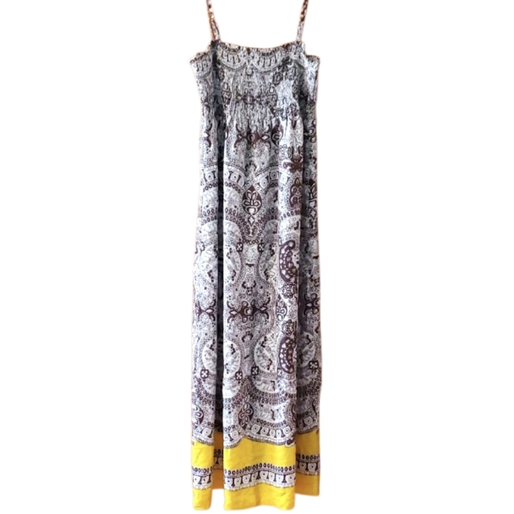 Talbots 100% Silk Yellow & Brown Patterned Maxi Dress Spagetti Straps Size Large